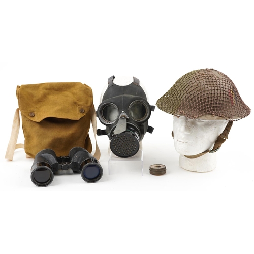 1864 - Militaria including World War II Home Guard tin helmet, pair of REL Canadian 7 x 50 binoculars and a... 