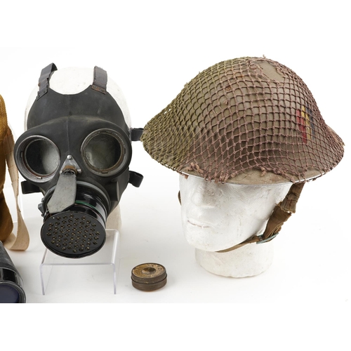 1864 - Militaria including World War II Home Guard tin helmet, pair of REL Canadian 7 x 50 binoculars and a... 