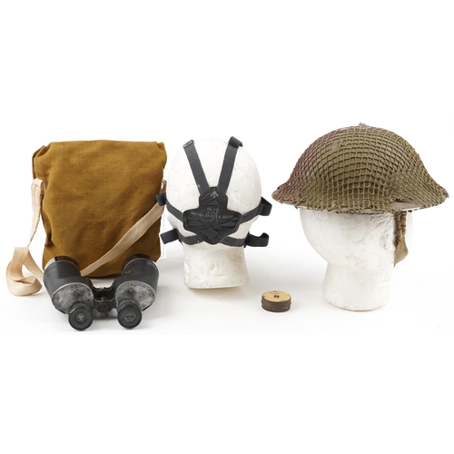 1864 - Militaria including World War II Home Guard tin helmet, pair of REL Canadian 7 x 50 binoculars and a... 