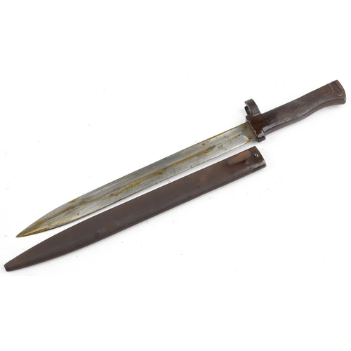 1900 - Military interest bayonet with scabbard, indistinct impressed mark to the spine, 46cm in length