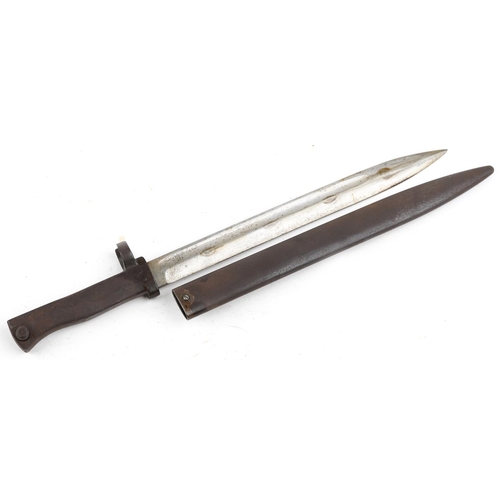 1900 - Military interest bayonet with scabbard, indistinct impressed mark to the spine, 46cm in length