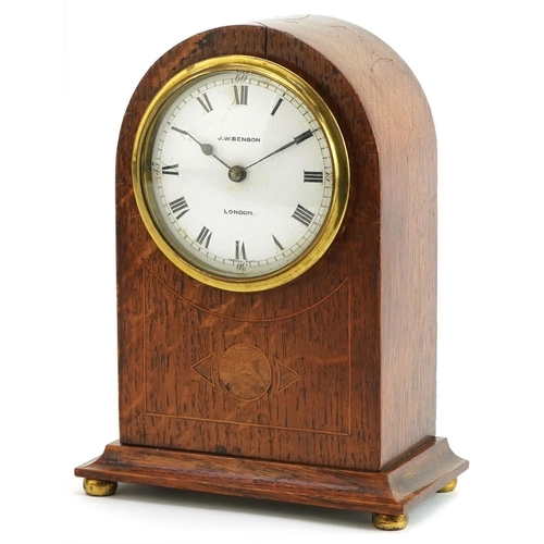 589 - Edwardian inlaid oak dome top mantle clock retailed by J W Benson London having enamelled dial with ... 