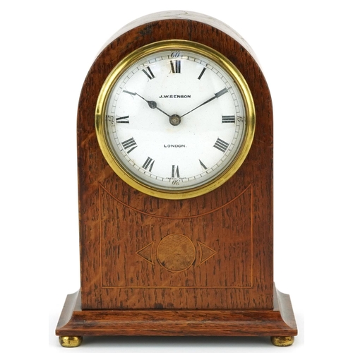 589 - Edwardian inlaid oak dome top mantle clock retailed by J W Benson London having enamelled dial with ... 