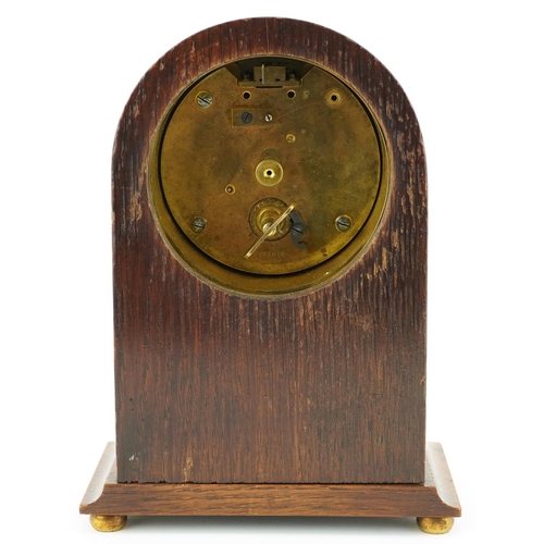 589 - Edwardian inlaid oak dome top mantle clock retailed by J W Benson London having enamelled dial with ... 