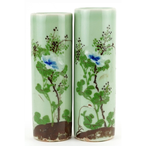 1501 - Matched pair of Japanese celadon glazed porcelain cylindrical vases hand painted with flowers, each ... 