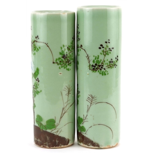 1501 - Matched pair of Japanese celadon glazed porcelain cylindrical vases hand painted with flowers, each ... 