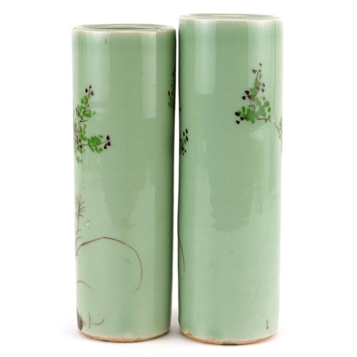 1501 - Matched pair of Japanese celadon glazed porcelain cylindrical vases hand painted with flowers, each ... 