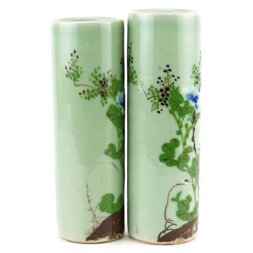 1501 - Matched pair of Japanese celadon glazed porcelain cylindrical vases hand painted with flowers, each ... 