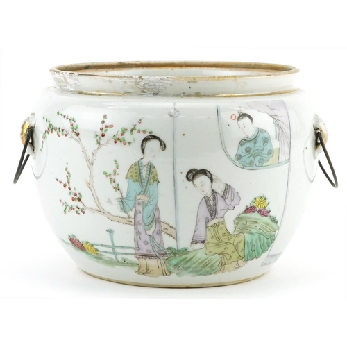 555 - Chinese porcelain bowl with handles hand painted in the famille rose palette with empresses in a pal... 