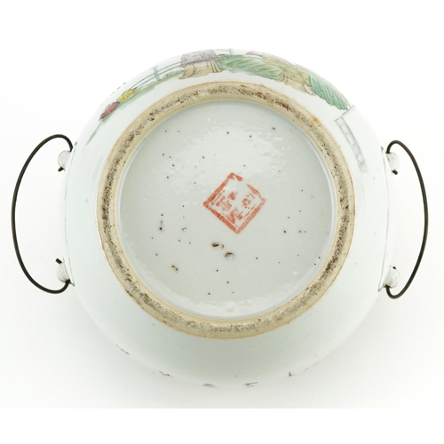 555 - Chinese porcelain bowl with handles hand painted in the famille rose palette with empresses in a pal... 