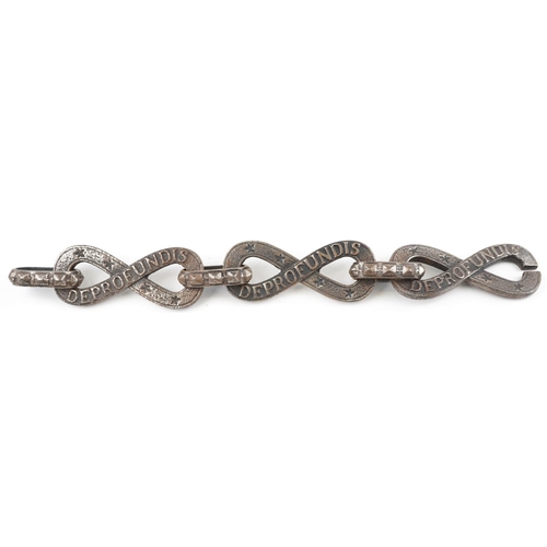 487 - Shipping interest iron chain, possibly part of an anchor chain, each cast with the word Deprofundis,... 