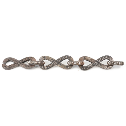 487 - Shipping interest iron chain, possibly part of an anchor chain, each cast with the word Deprofundis,... 