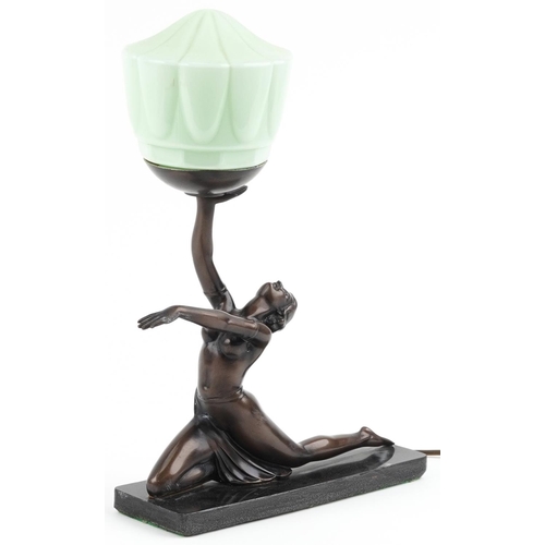 549 - Art Deco style bronzed figural table lamp with green glass shade in the form of a semi nude female d... 