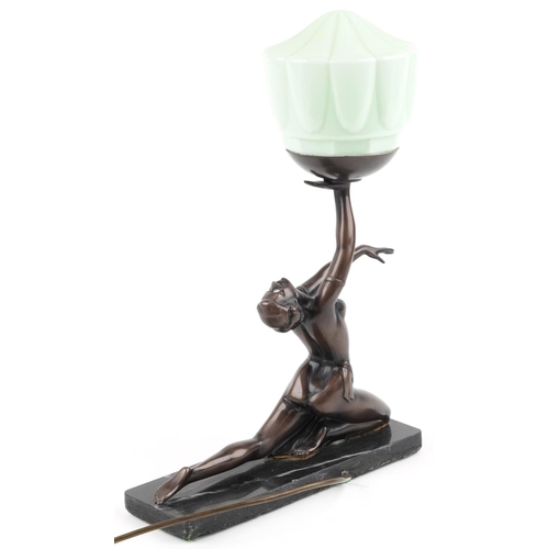 549 - Art Deco style bronzed figural table lamp with green glass shade in the form of a semi nude female d... 