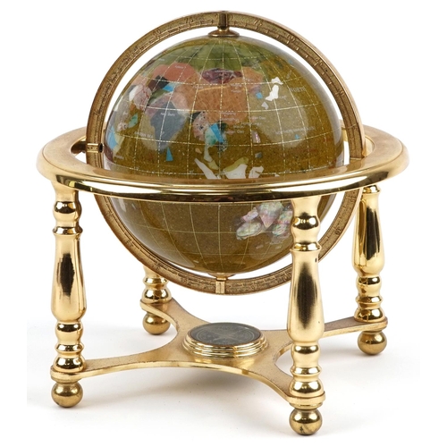 747 - Contemporary polished stone table globe with brass stand and compass under tier, 23.5cm high