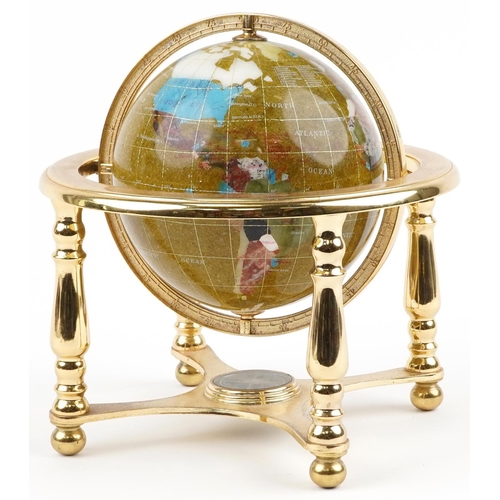 747 - Contemporary polished stone table globe with brass stand and compass under tier, 23.5cm high