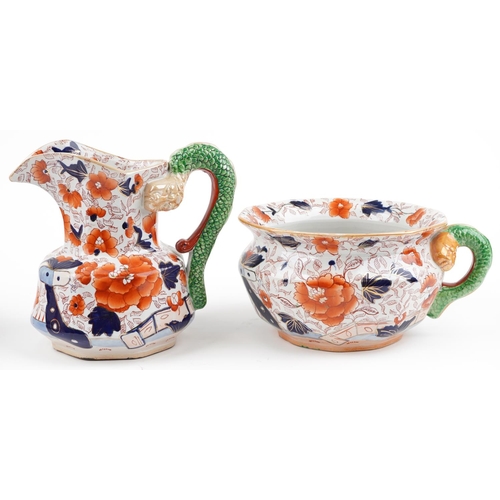 1409 - Masons style ironstone wash jug, basin and chamber pot, each decorated in the Imari palette with flo... 