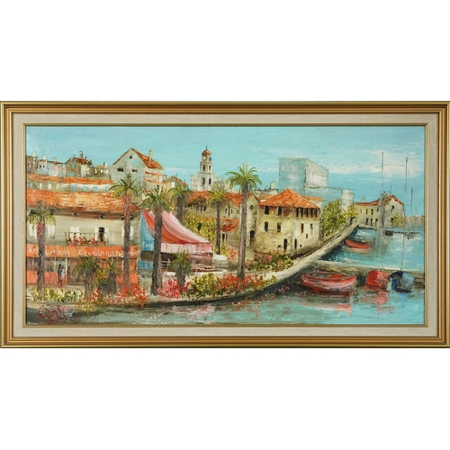 790 - Kripps - Restaurant beside water, continental school oil on canvas, mounted and framed, 79cm x 39cm ... 