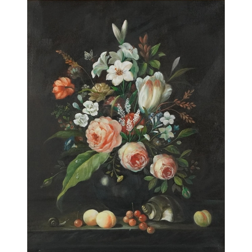 1244 - Still life flowers in a vase with snail, Italian school oil on canvas, mounted and framed, 49.5cm x ... 