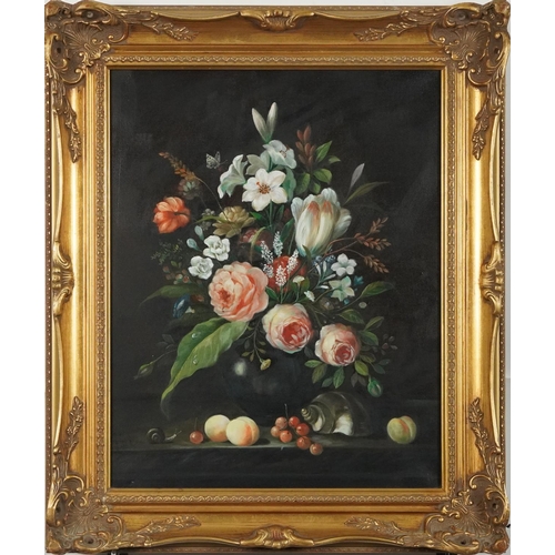 1244 - Still life flowers in a vase with snail, Italian school oil on canvas, mounted and framed, 49.5cm x ... 