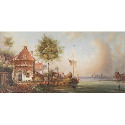 498 - 18th century harbour scene, oil on board, bearing an indistinct signature, mounted and framed, 119cm... 