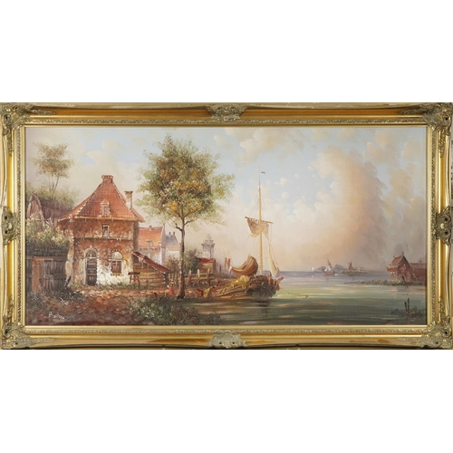 498 - 18th century harbour scene, oil on board, bearing an indistinct signature, mounted and framed, 119cm... 