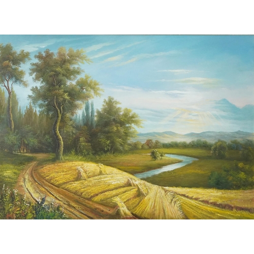 1553 - Rural landscape, contemporary oil on canvas, mounted and framed, 90cm x 60cm excluding the mount and... 