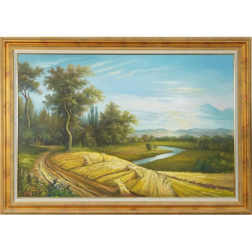 1553 - Rural landscape, contemporary oil on canvas, mounted and framed, 90cm x 60cm excluding the mount and... 