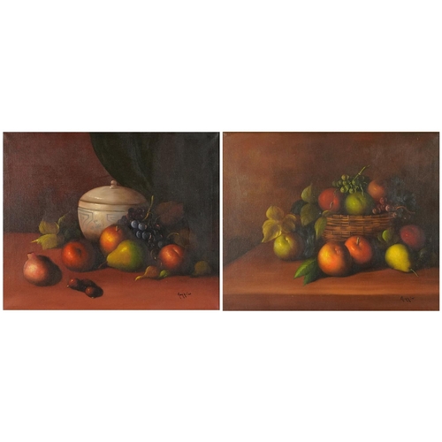 1269 - Morrini - Still life fruit and vessels, pair of Italian school oil on canvases, mounted and framed, ... 