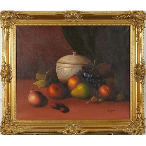 1269 - Morrini - Still life fruit and vessels, pair of Italian school oil on canvases, mounted and framed, ... 