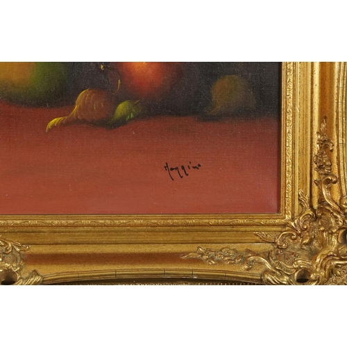 1269 - Morrini - Still life fruit and vessels, pair of Italian school oil on canvases, mounted and framed, ... 