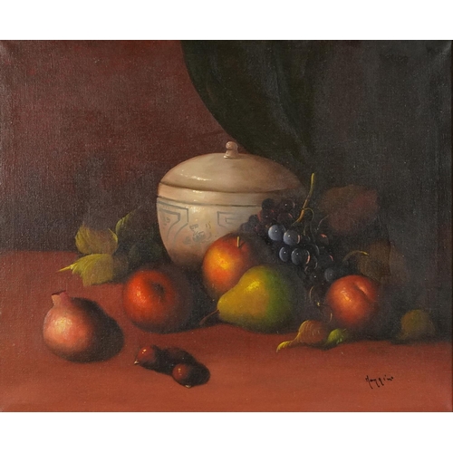 1269 - Morrini - Still life fruit and vessels, pair of Italian school oil on canvases, mounted and framed, ... 