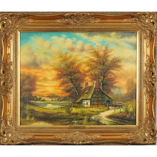 1246 - S Torsten - Cottage beside water, 19th century style oil on canvas, mounted and framed, 49cm x 39.5c... 