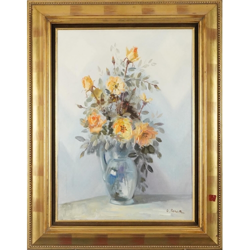 1551 - Still life flowers in a vase, European school Impressionist oil on canvas, mounted and framed, 71cm ... 