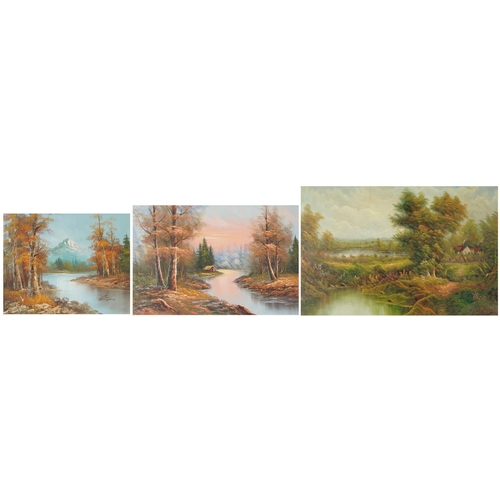 1578 - Lake scenes, three 19th century style contemporary oil on canvases/board, each mounted and framed, t... 