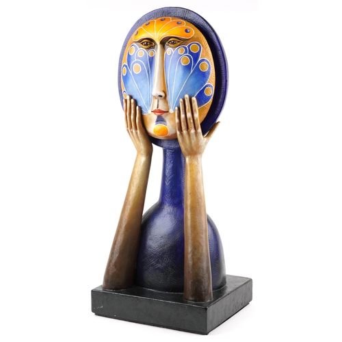 Sergio Bustamante, contemporary hand painted fibre glass sculpture of a female holding her face, The The Great Illusion, limited edition 25/100, 94cm high