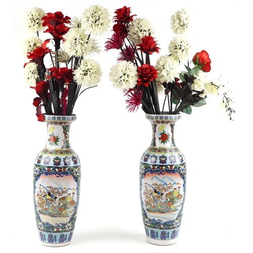 1385 - Large pair of Chinese porcelain vases decorated with flowers housing artificial flowers, each vase 6... 