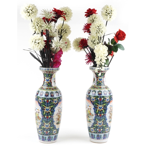 1385 - Large pair of Chinese porcelain vases decorated with flowers housing artificial flowers, each vase 6... 