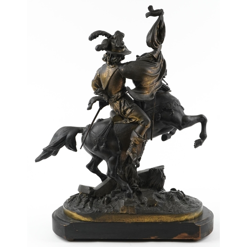 196 - Large 19th century classical patinated spelter sculpture of a Cavalier on horseback raised on a shap... 