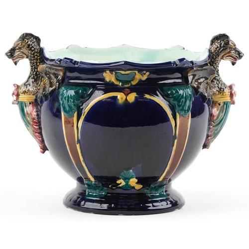 616 - Thomas Forester & Sons, Victorian Majolica jardiniere with twin dragon handles, 35.5cm wide