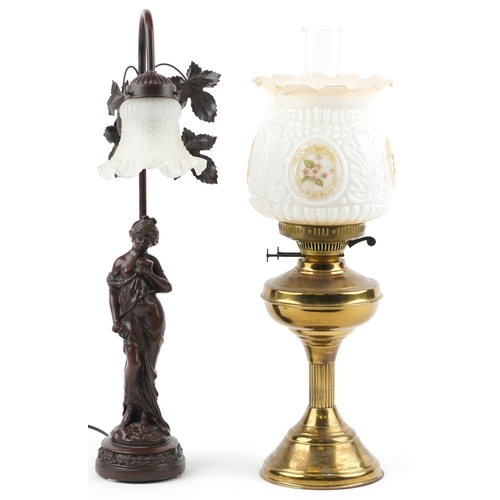 1395 - Art Nouveau style bronzed figural table lamp with frilled glass shade and a brass oil lamp with flor... 