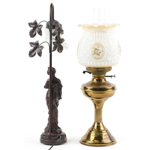 1395 - Art Nouveau style bronzed figural table lamp with frilled glass shade and a brass oil lamp with flor... 