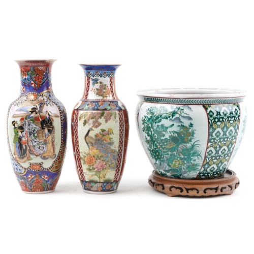 1397 - Chinese porcelain jardiniere decorated with birds of paradise and flowers and two vases, the jardini... 