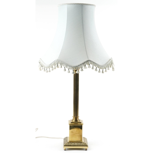 1476 - Large 19th century style brass Corinthian column table lamp with shade, overall 98cm high