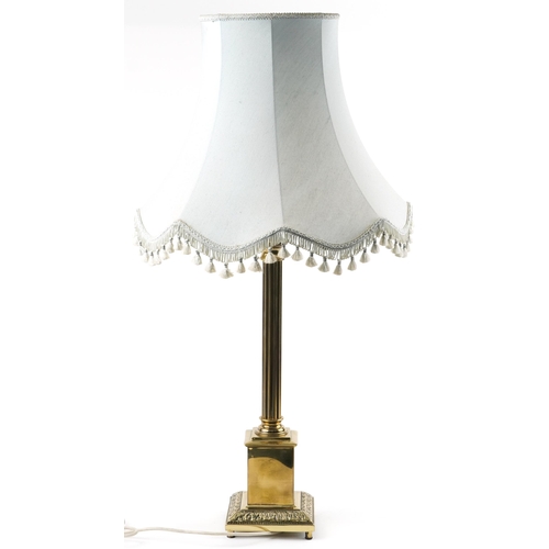 1476 - Large 19th century style brass Corinthian column table lamp with shade, overall 98cm high