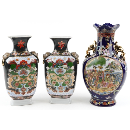 1392 - Three Chinese porcelain vases comprising blue ground example decorated with panels of figures in boa... 