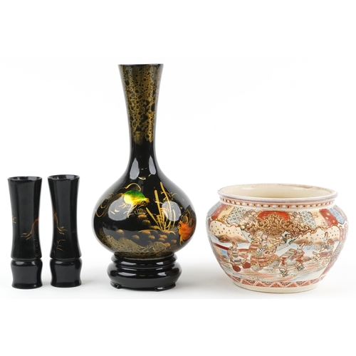 1450 - Three Chinese lacquered vases decorated with goldfish and Japanese Satsuma pottery jardiniere hand p... 