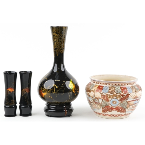 1450 - Three Chinese lacquered vases decorated with goldfish and Japanese Satsuma pottery jardiniere hand p... 