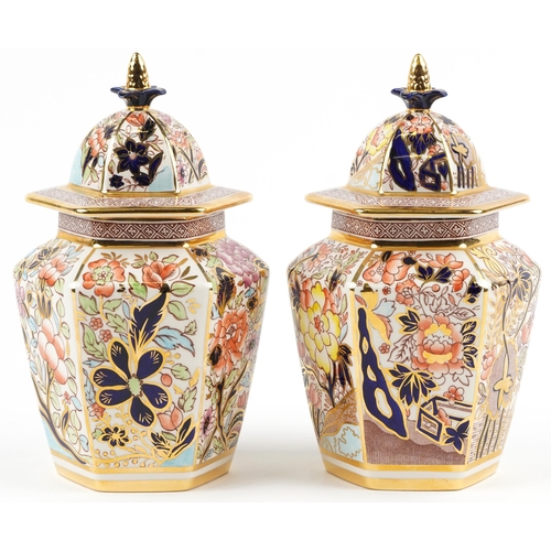 739 - Pair of Mason yellow and orange Siam hexagonal vases with covers, each limited edition of 2000, each... 