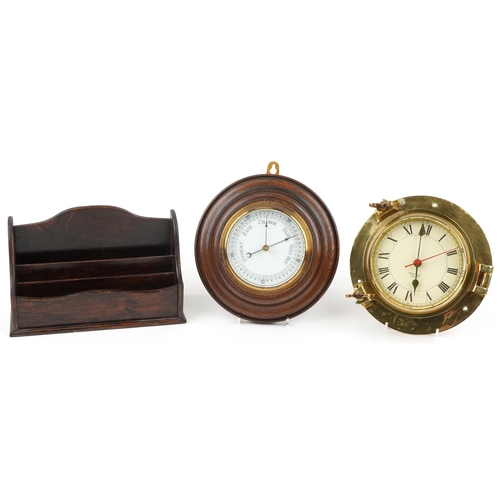 1421 - Sundry items including an oak wall barometer and a Nauticalia quartz brass ship's bulk head design w... 